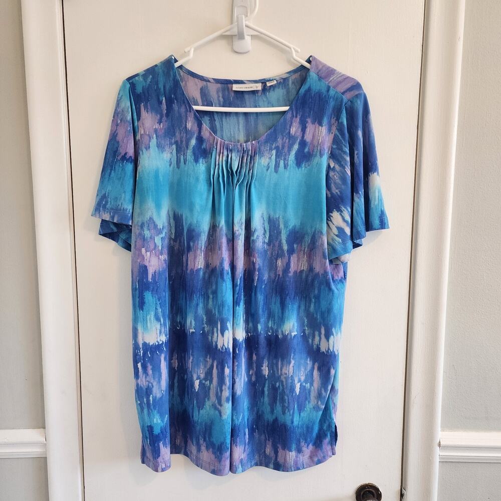 Susan Graver Top Women's M Blue Purple Tie Dye Short Sleeve Silky Liquid Knit